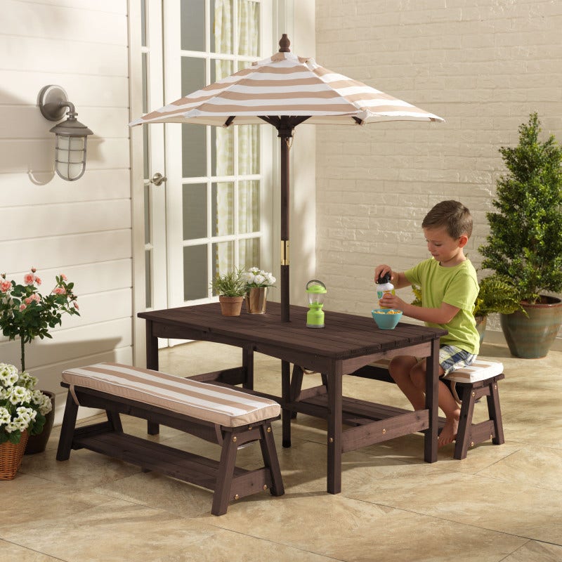 kids umbrella patio set KidKraft Outdoor Table & Bench Set with Cushions & Umbrella