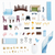Flat lay of 71 wooden dollhouse accessories including furniture sets, outdoor swing, bridge, staircase, and French bulldog figurine