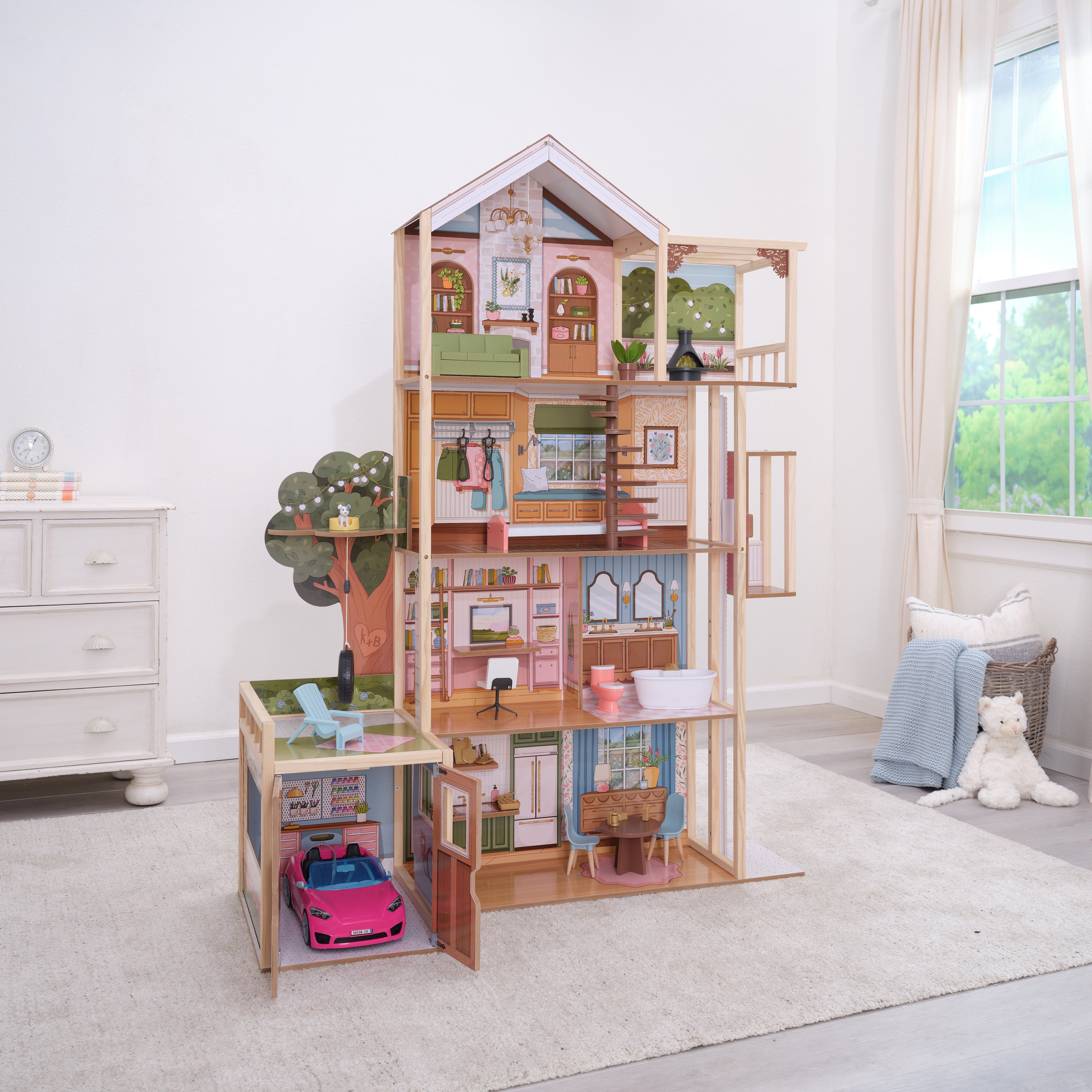 KidKraft Garden Party dollhouse rooftop patio and treehouse swing; KidKraft Garden Party dollhouse interior rooms; Child playing with KidKraft Garden Party Dollhouse and car.