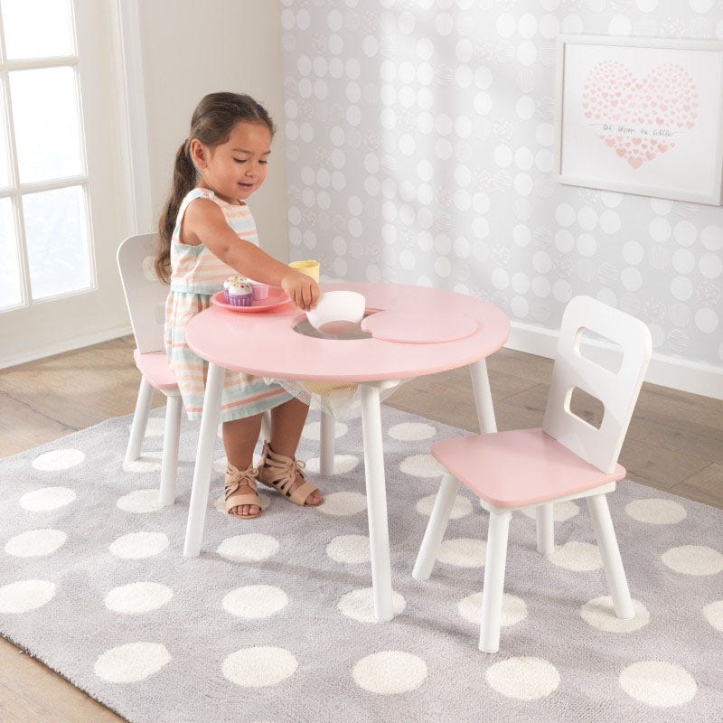 Round Storage Table & 2 Chair Set - Pink & White
