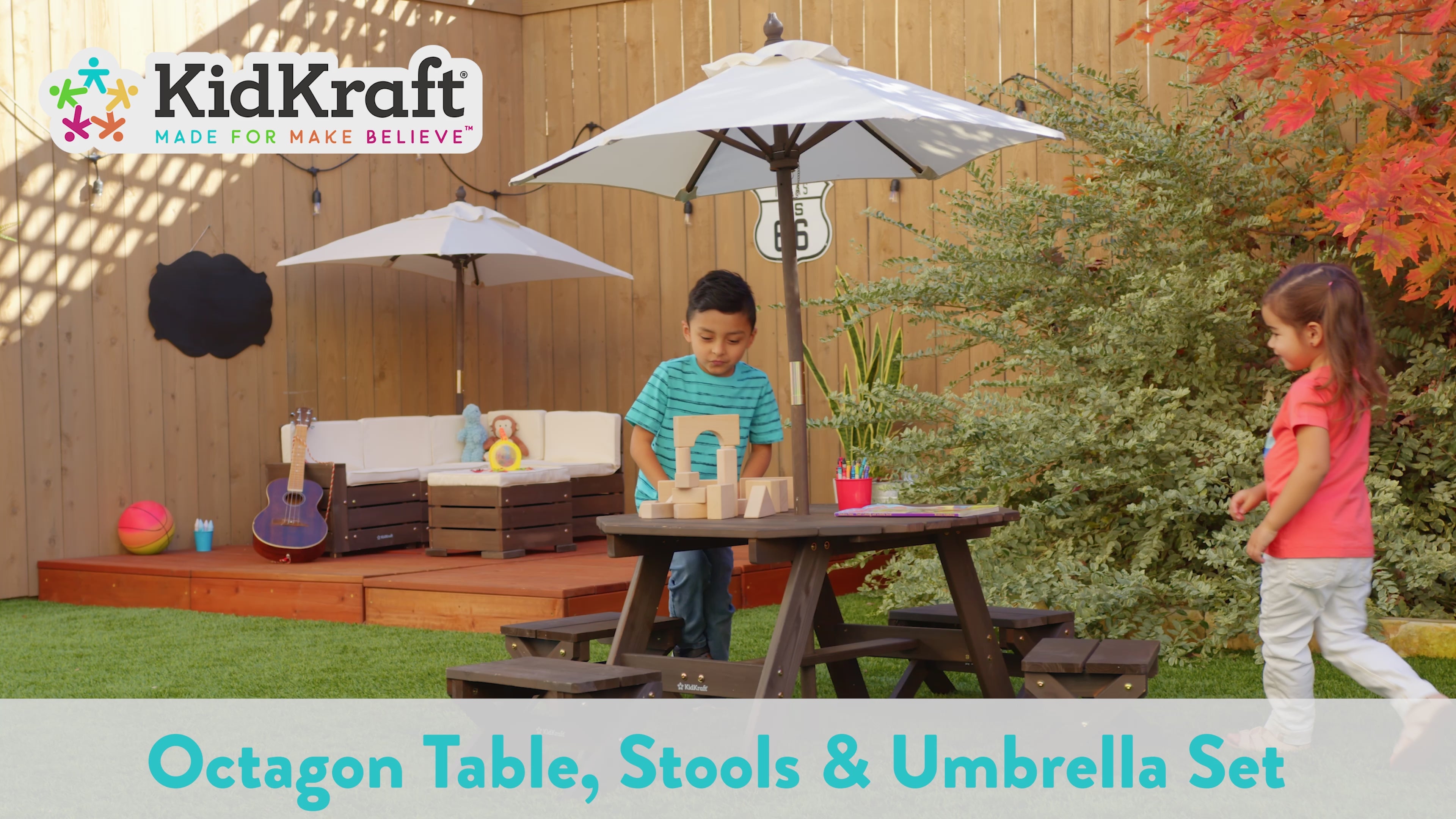 Octagon Table, Stools & Umbrella Set - Bear Brown & Beige