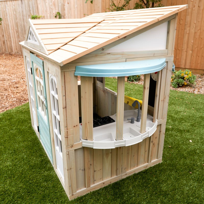 A GREAT OUTDOOR HIDEAWAY - Kids can stay busy all day in the KidKraft Meadowlane Market Playhouse. A blue-hued front door welcomes kids into this unique playhouse/garden shed structure.