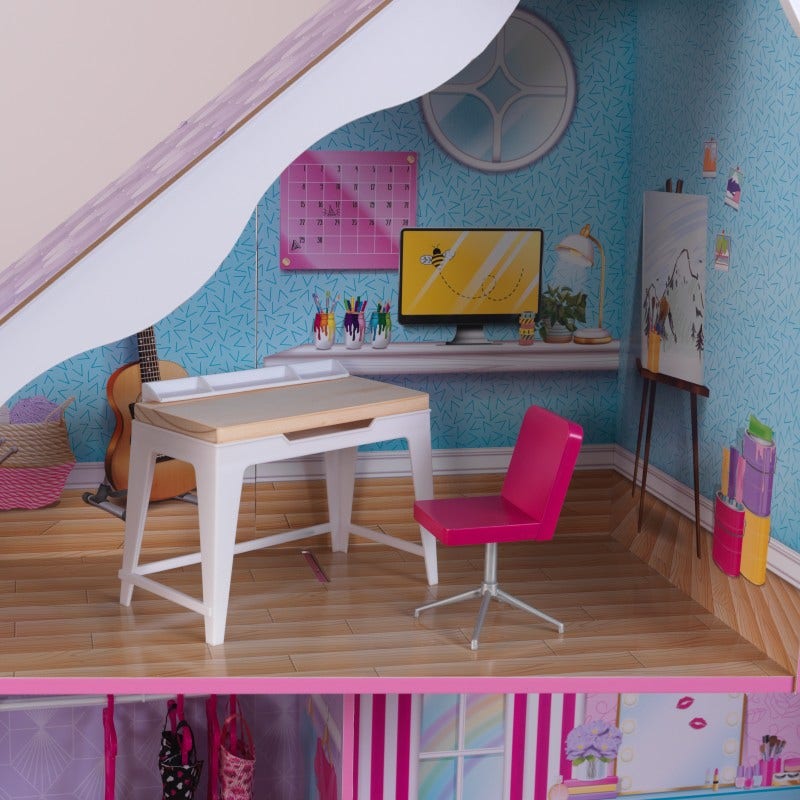 Perfect for doll sleepovers, this house includes a bed with trundle. Hungry for a mid-night snack? Whip up something delicious with the stove that makes light and sounds! When you’re all done with play, hide your treasures in the secret compartments inside the sofa and desk.