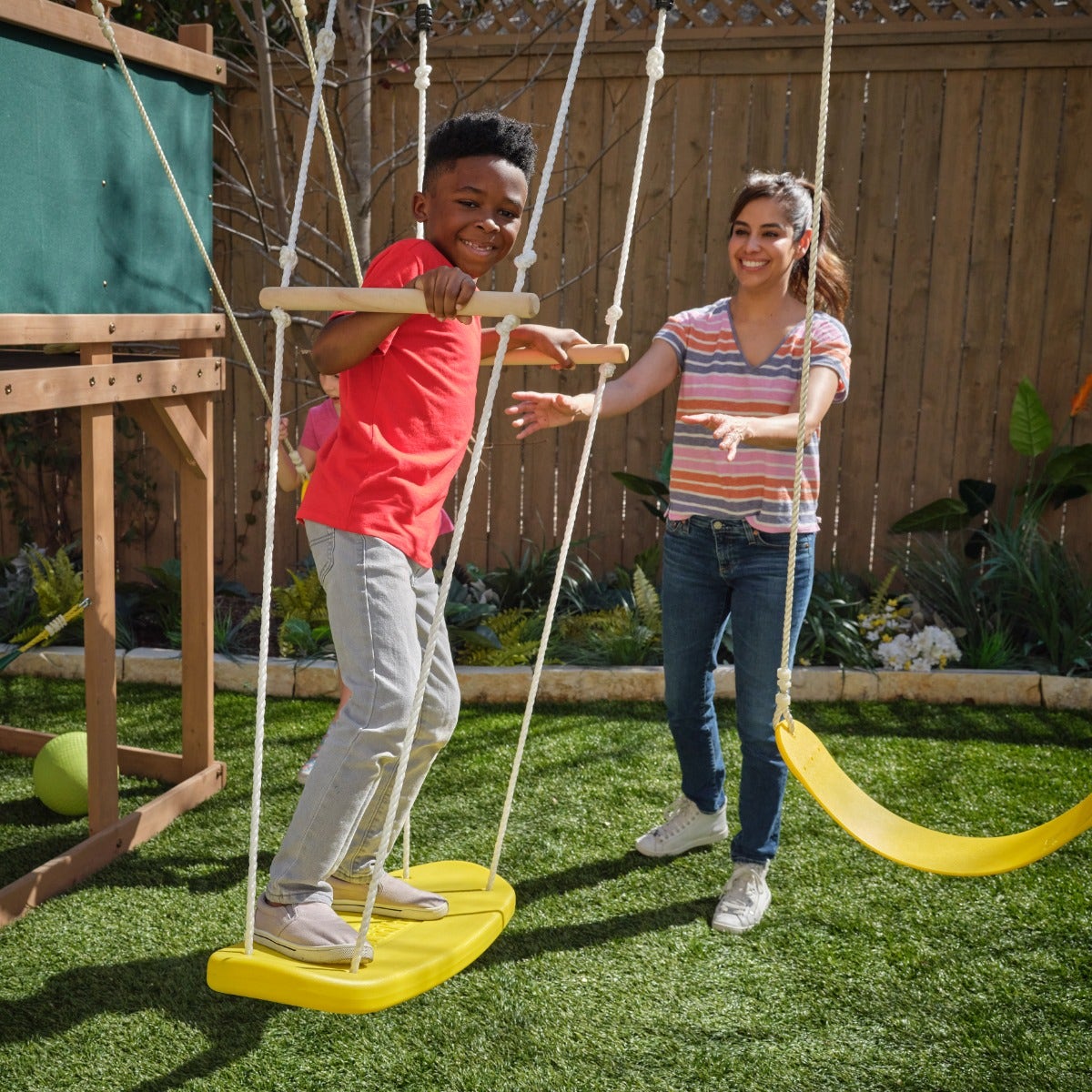 Surf's Up: Besides the traditional belt swings, a newly designed surf swing is included for more adventurous types. Stand up and sway back and forth to get total thrills and no wipeouts. All three swings feature soft-touch rope that's easy on the hands.