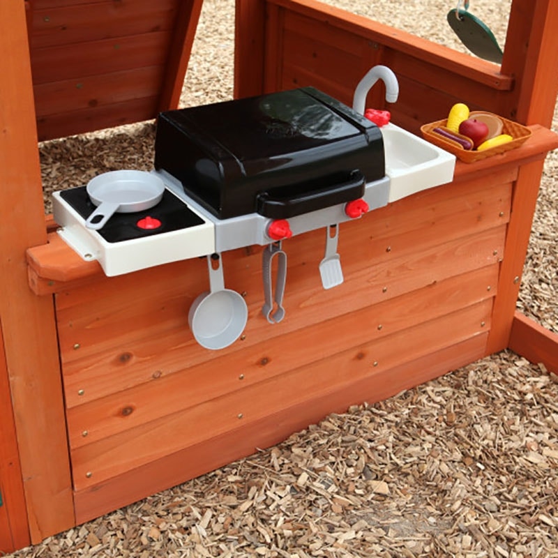 Play kitchen with BBQ, sink, stove top and cooking accessories