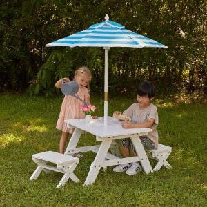 White Outdoor Table with Benches & Umbrella – Turquoise & White Stripes