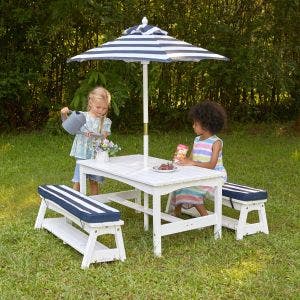 White Outdoor Table & Bench Set with Cushions & Umbrella – Navy & White Stripes