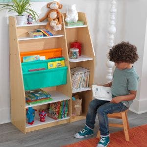 Bücherregal aus Holz mit Aufbewahrungstaschen, Kindermöbel Naturfarben