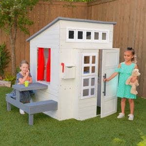 Details about   Garden Kids Wooden Playhouse Pretend Play Outdoor Play kitchen Chalkboard Game 