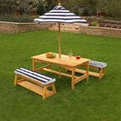 Table et bancs de jardin avec coussins et parasol - Rayé bleu marine et blanc