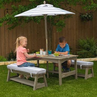 Outdoor Table & Bench Set with Cushions & Umbrella - Gray & White Stripes
